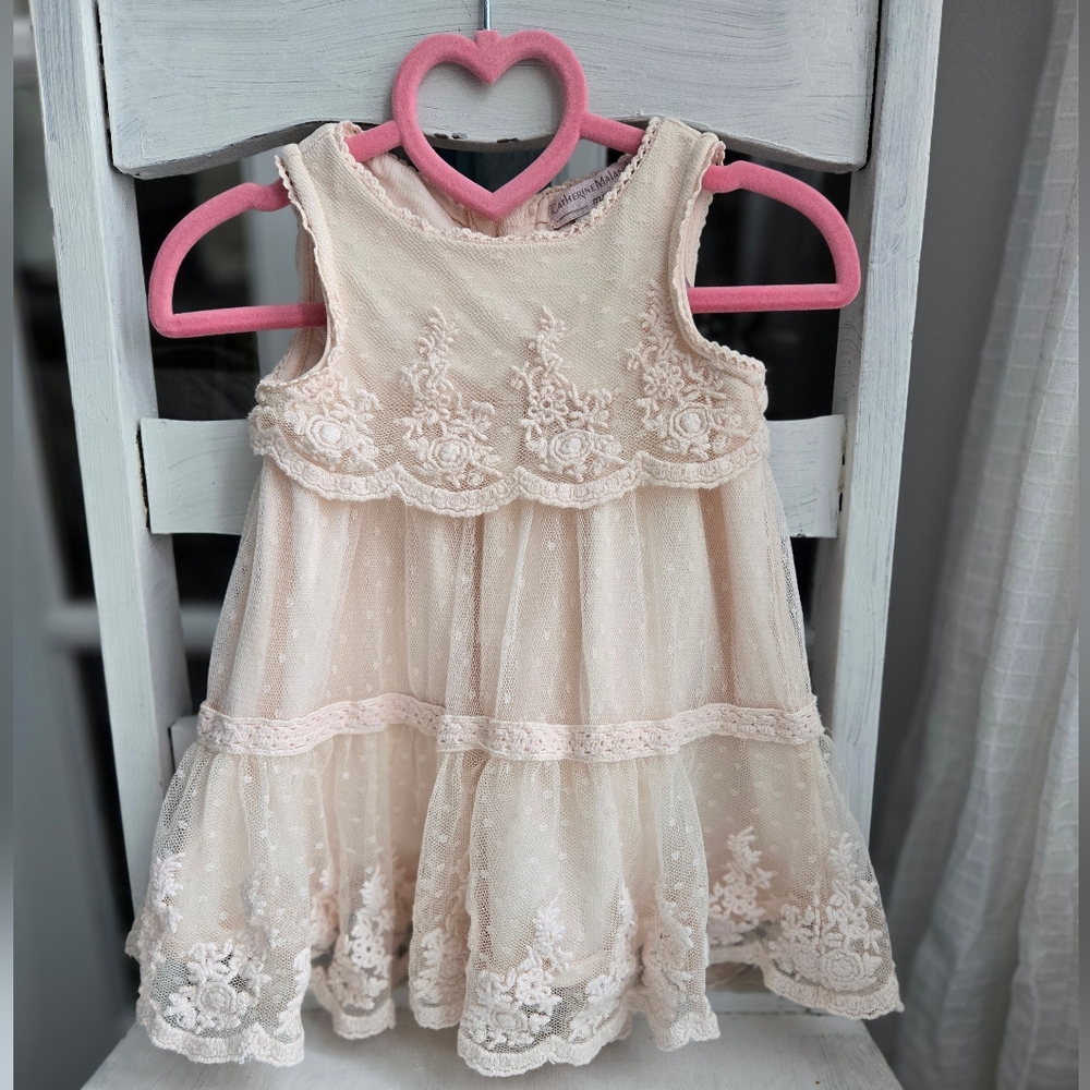 Catherine Malandrino Delicate Pale Pink Lace Dress with Embroidered Flowers